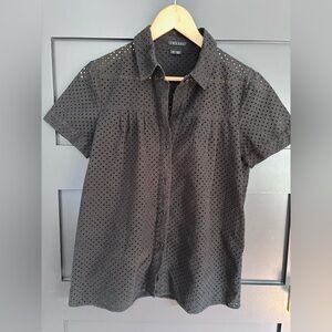 Theory Black Eyelet Short Sleeve Shirt, size medium